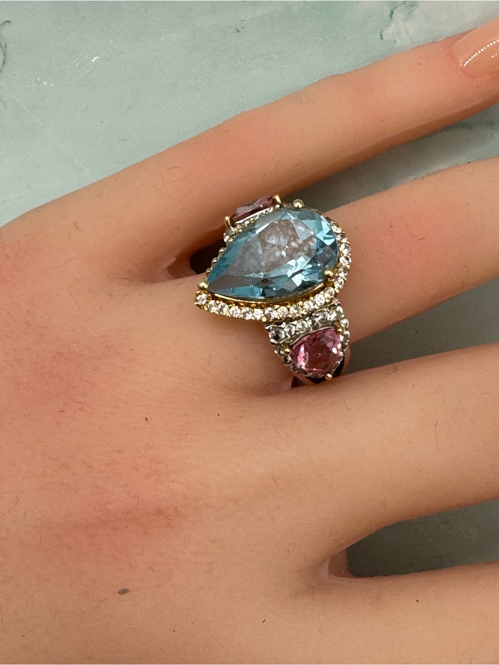 💙 14K White & Yellow Gold Blue + Pink Topaz Cocktail Ring | 7.16ct Center Gem 💖